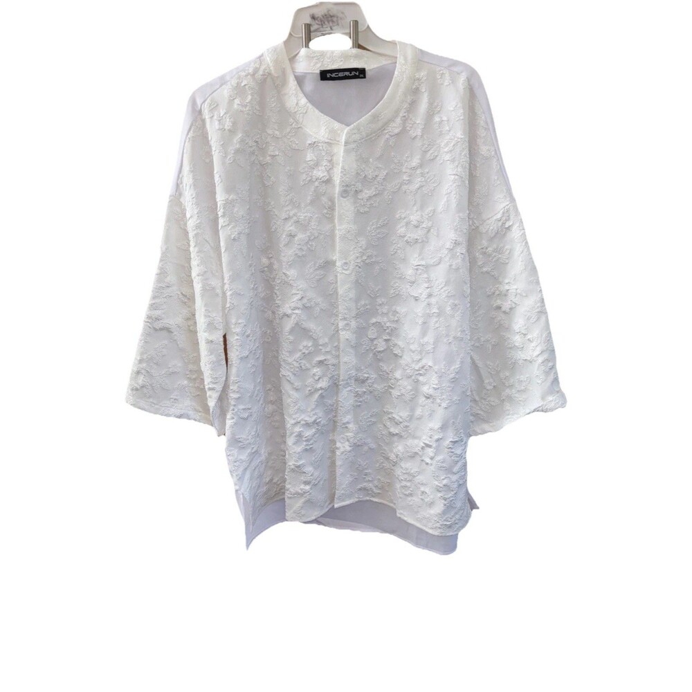 Incerun white Top long sleeve button up Side Slits Textured Floral 2X
